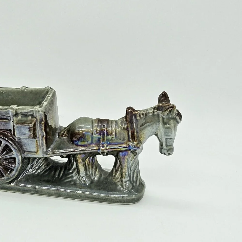 Vintage Donkey Cart Iridescent Glazed Mule Ashtray Pottery Porcelain MCM 70s